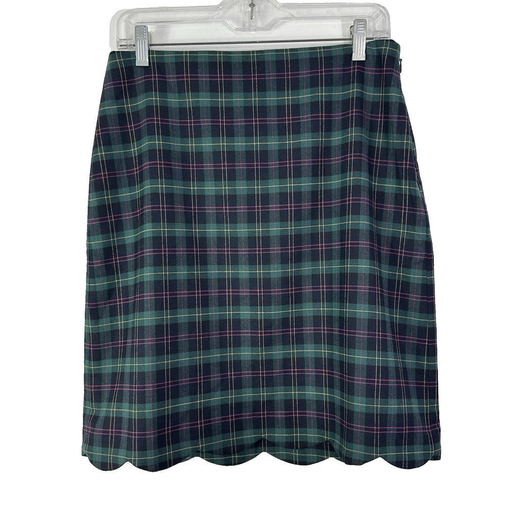 Talbots Wool Blend Skirt‎ Sz 6 Womens Green Tartan Plaid Scalloped Hem A Line